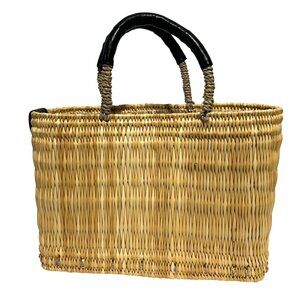 Always By The Sea Woven Straw Tote With Black Leather Handles